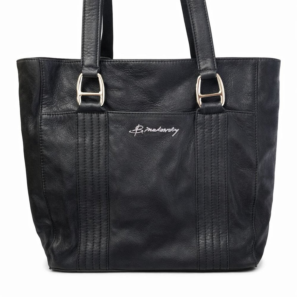 B. Makowsky Black Leather Medium Square Tote Cheetah Satin Liner, EUC